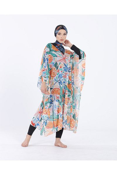 vawensea Women's Hijab Swimsuit V Neck Kaftan Pareo White Tropical Patterned