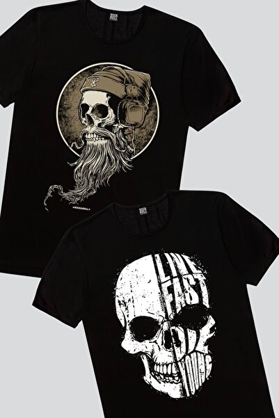 ROCKANDROLL تي شيرت رجالي ذو جمجمة ملتحية، لايف فاست، مجموعة صديقة للبيئة مكو...