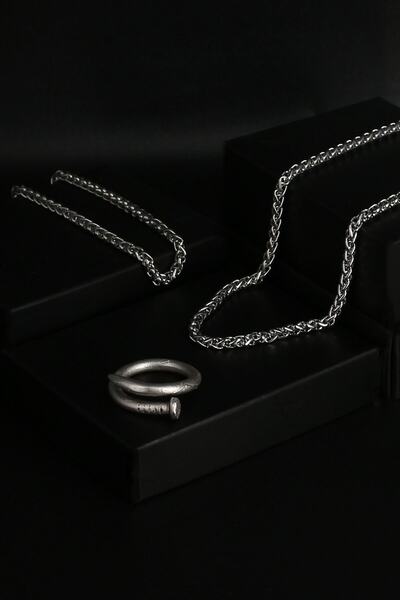 Dukkanka Çivi Ayarlanabilir Yüzük Ve Angelus Kolye Bileklik Gümüş Renk Erkek ...