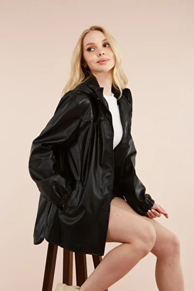 byhaziran butik Schwarze lange Lederjacke mit Kapuze für Damen