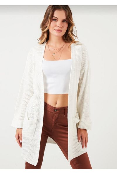 Nazende Stil Lässiger Ecru-Strick-Cardigan für Damen mit gefalteten Ärmeln und Taschen