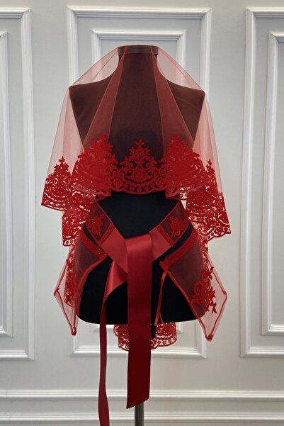 ZEYMERADE Kırmızı Klasik Desen Flok Baskı Simli Gelin Duvak Kuşak Eldiven Set