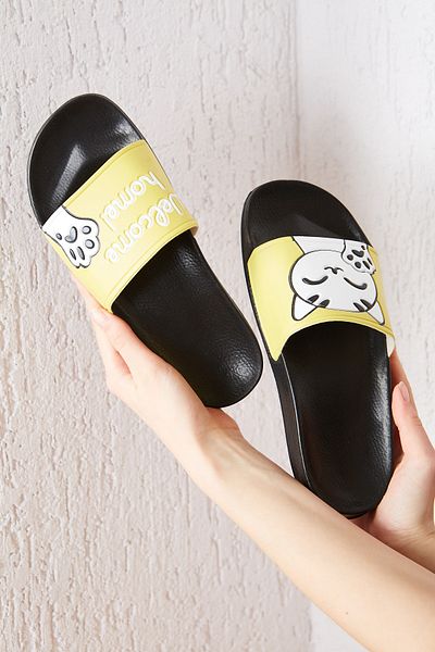 ALTUNTAŞ Women - Girls Welcome Home Cat Printed Anti-Slip Sole Beach Pool Outdoor Slippers Model Yellow