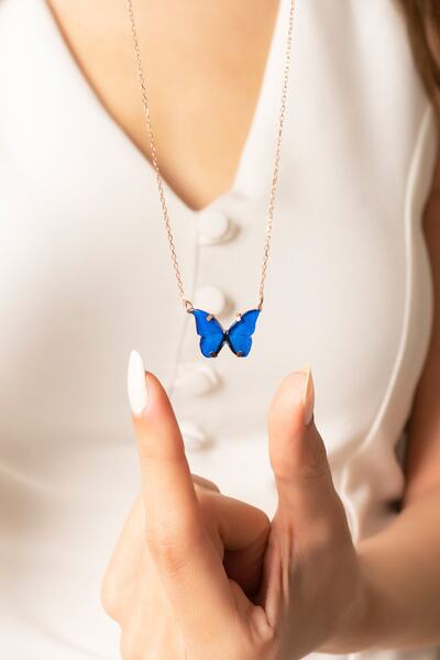 Violansia 925 Ayar Gümüş Rose Gold Mineli Mavi Renkli Kelebek Kolye