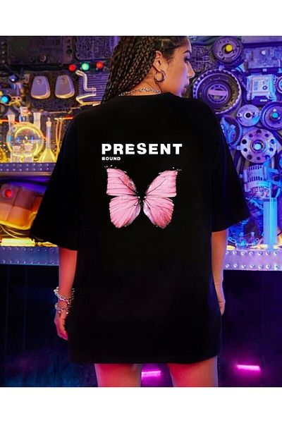 BENROMA 1 προϊόν για αγορές 6 και άνω Δώρο Present Butterfly Printed Oversize Μαύρο T-shirt