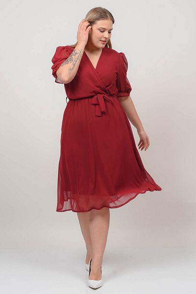 Neşeli Butik Rochie de damă din șifon, cu rever dublu, lungime midi, mărime mare, Nb8062