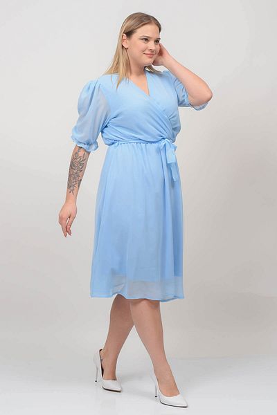 Neşeli Butik Women's Baby Blue Double Breasted Collar Plus Size Chiffon Dress Nb8062