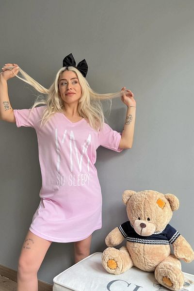 Pijamaevi Bedrucktes Damen-Nachthemd „Sleepy“ in Altrosa