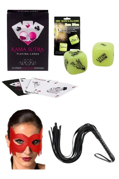 Peitho 4'lü Set Fantazi Pozisyon Görselli Kamasutra Zar Deri Uzun Kırbaç Pozi...