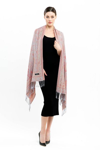 K&B PASHMINA Shawl - Gray & Red - Polyester Free