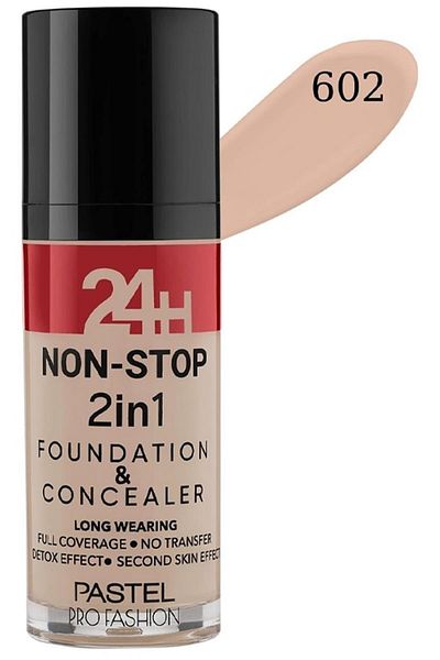Pastel Brand: 24H Non-Stop 2 in 1 Foundation and Concealer 602 Light Porcelain Category: Foundation