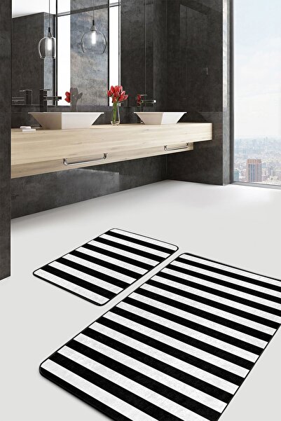 Realhomes Siyah Beyaz Düz Çizgili Özel Tasarım 2'li Kaymaz Tabanlı Banyo & Mu...