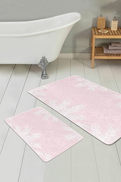 Realhomes Pembe Zemin Beyaz Tropik Yaprak Motifli 2'li Kaymaz Tabanlı Banyo &...
