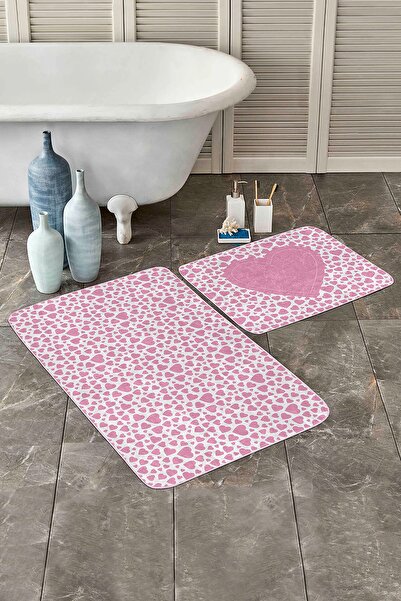 Realhomes Beyaz Zemin Love Temalı Kalp Motifli 2'li Kaymaz Tabanlı Banyo & Mu...