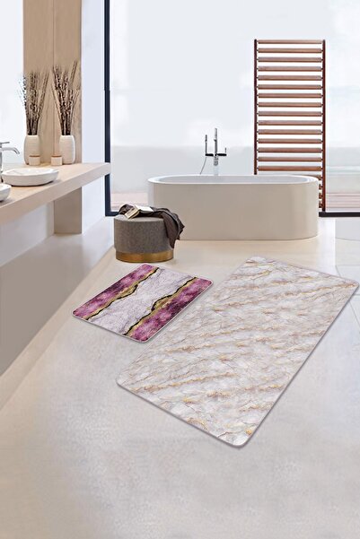 Realhomes طقم مفارش للحمام والمطبخ مكون من قطعتين بتفاصيل رخامية أرجوانية مع ...