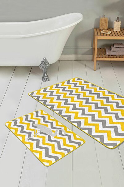 Realhomes طقم سجادة للحمام والمطبخ مكون من قطعتين بتصميم متعرج باللون الأصفر ...