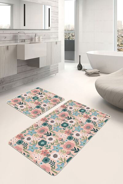 Realhomes طقم سجادة للحمام والمطبخ مكون من قطعتين مطبوع رقميًا على شكل زهور ا...