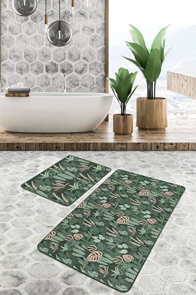 Realhomes Green Floor Tropical Leaves Digital Printed 2-Piece Non-Slip Base B...
