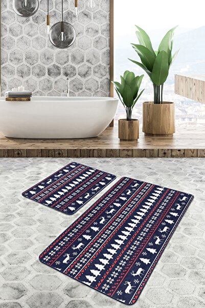 Realhomes Navy Blue Floor Cross Stitch New Year's Themed 2-Piece Non-Slip Bas...