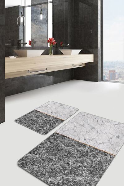 Realhomes طقم سجادة للحمام والمطبخ مكون من قطعتين بتصميم رخامي أبيض وأسود مطب...