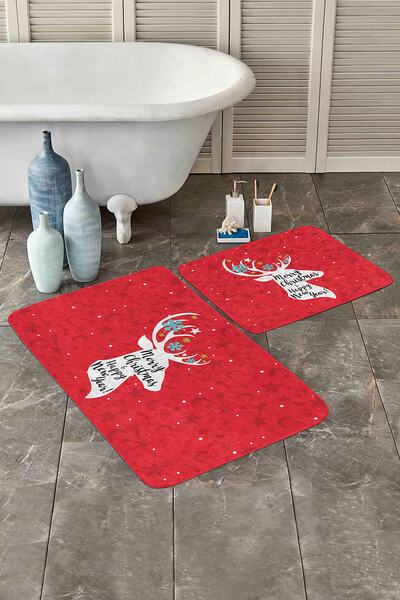Realhomes طقم سجادة حمام ومطبخ مكون من قطعتين بتصميم غزال ذو أرضية حمراء تحت ...