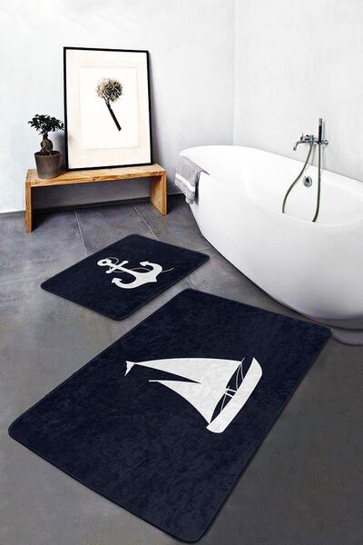 Realhomes Lacivert Zemin Çapa & Kayık Motifli 2'li Kaymaz Tabanlı Banyo & Mut...