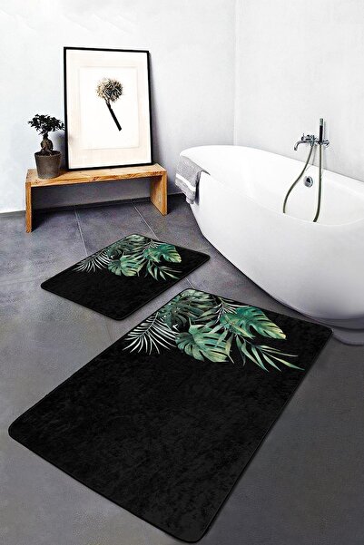 Realhomes Black Floor Tropical Leaf Design Digital Printed 2-Piece Bathroom &...