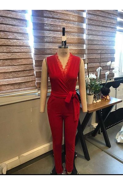 Secret Passion Lingerie Red Lycra Crepe Fabric Self-Belt Collar Red Lace Detailed Pocket Jumpsuit 681 582083