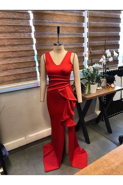 Secret Passion Lingerie Rochie de seară și rochie de absolvire cu decolteu în U din țesătură flexibilă roșie, cu fantă în talie cu volan 582054 676
