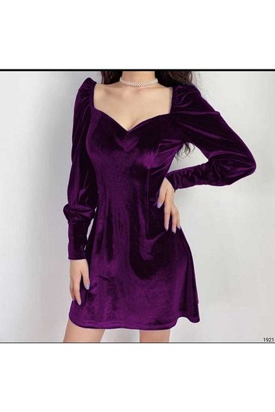 Secret Passion Lingerie Rochie mini cu mâneci lungi, țesătură mov din catifea, decoltată Rochie de seară 581921 662