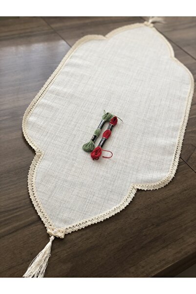 İpekce kanavice Linen Kumaş Ucu Püsküllü Runner
