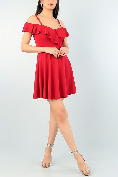 Secret Passion Lingerie Red Flared Evening Dress - Flounce Detail, Thin Straps, Flexible Crepe Evening Dress 077