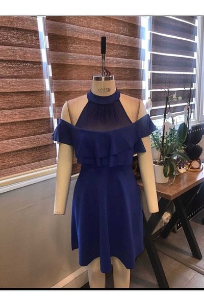 Secret Passion Lingerie Tesatura creponata din Lycra albastra, cu straturi, decolteu, mini rochie detaliata Rochie de seara 58838 669