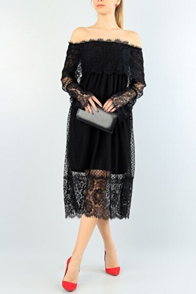 Secret Passion Lingerie Siyah Güpür İşlemeli Tül Abiye Elbise Mezuniyet Elbisesi Nişan Elbisesi Düğün Elbisesi Cix Md-161163