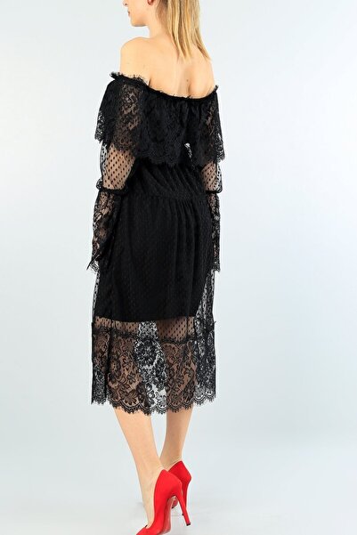 Secret Passion Lingerie Siyah Güpür İşlemeli Tül Abiye Elbise Mezuniyet Elbisesi Nişan Elbisesi Düğün Elbisesi Cix Md-161163