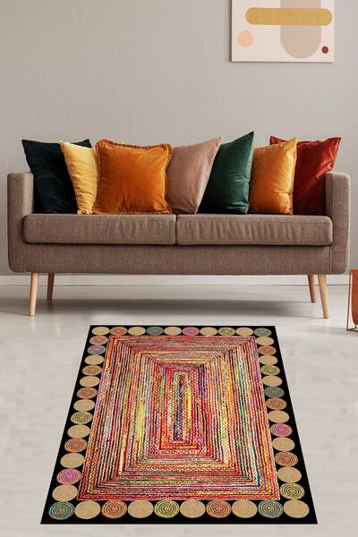 Pelangi Jüt Hasır Kilim Görünümlü Dijital Baskılı Kaymaz Taban Yıkanabilir Mo...