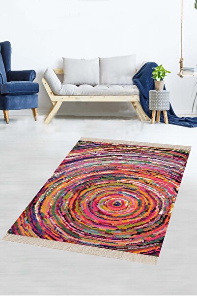 Pelangi Rengarenk Geometrik Girdap Desenli Dijital Baskı Yıkanabilir Kaymaz T...