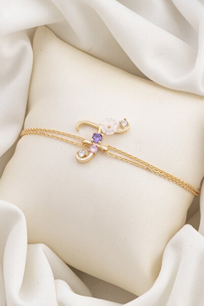 Sortie Aksesuar Italyan Tasarım Flowers Zirkon Manolya Figürlü Harf Bileklik T