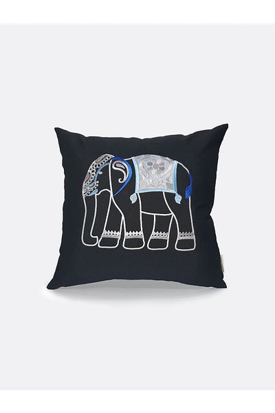Tanem Home Țesătură de in cu model elefant autentic brodat 42x42 cm husă de pernă neagră