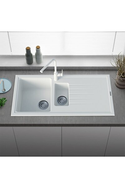 Vıvıano Viviano 1,5 Göz 50x100 Cm Beyaz Granit Evye Sifon Bağlantı Hortumları