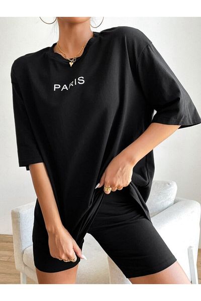 DEEPSENCE Women's Oversize T-shirt Paris Front Print Black