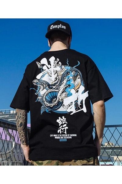 DEEPSENCE Black Unisex Oversize T-Shirt - Snake Back Print