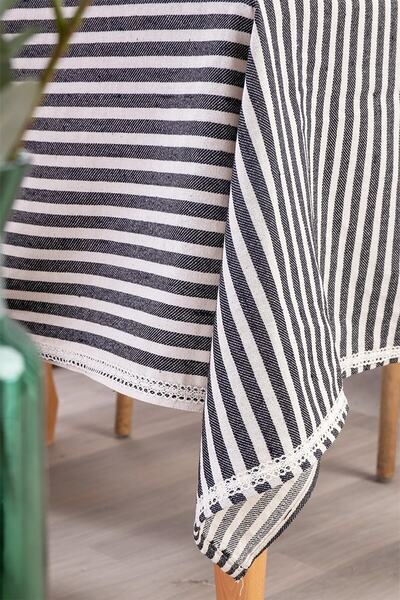 vivamaison Black Striped Linen Lace Tablecloth