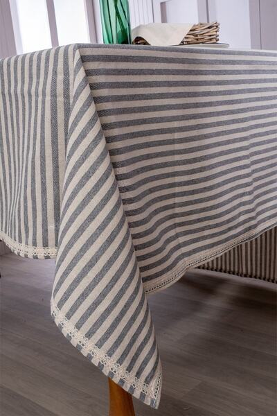 vivamaison Ruched Gray Striped Linen Tablecloth