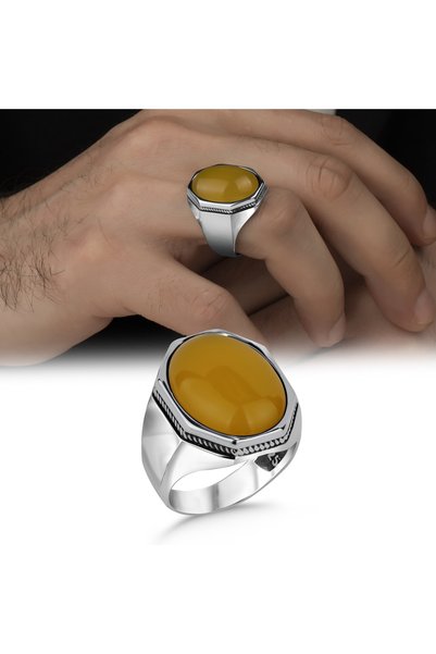 Argento Silver Sarı Akik Taşlı 925 Ayar Gümüş Erkek Yüzük