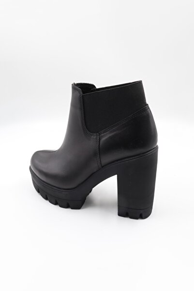 Impero Hakiki Siyah Deri Yüksek Kalın Topuklu Lastikli Bot