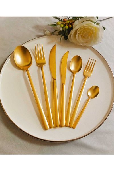 BRONDOFF Bahama 24 Carat Matte Gold Plated 84 Piece Fork Spoon Set