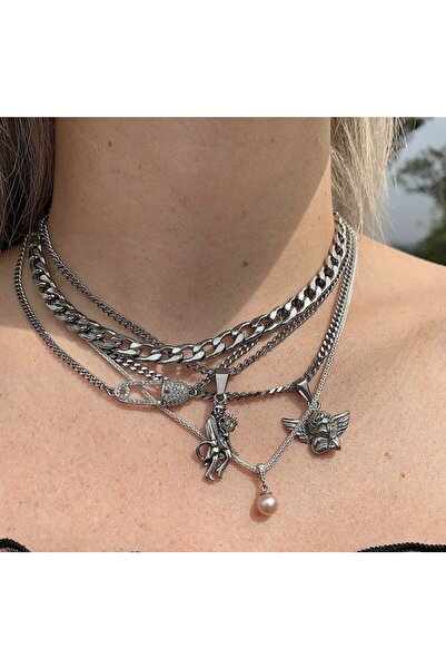 Girift Vintage Angel Gothic Melek - Şeytan 5'li Set Kolye