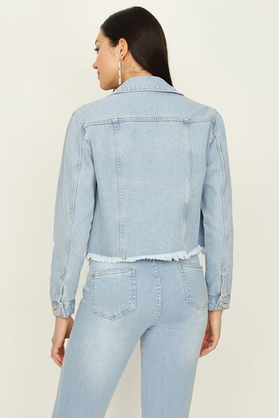 Select Moda Jachetă de damă, albastru deschis, cu nasturi, cu ciucuri