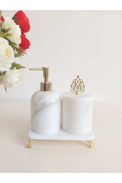 Sümeyra Marble Art Bengi - White Marble Bathroom Set 3 Pieces | Gold Footed |